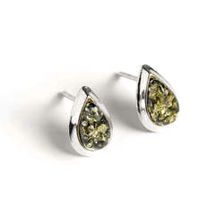 Henryka Classic Teardrop Stud Earrings in Silver and Green Amber - 2/4932/100/G-BU