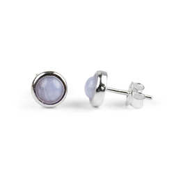 Henryka Small Round Stud Earrings in Silver and Blue Lace Agate