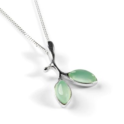 Henryka Simple Olive Leaf Branch Necklace in Silver and Prehnite