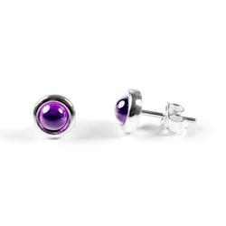 Henryka Small Round Stud Earrings in Silver and Amethyst