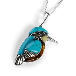 Henryka Large Kingfisher Bird Necklace in Silver, Turquoise and Amber