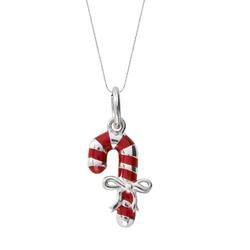 Silver Red Enamel Small Candy Cane Necklace - P2785C