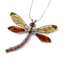 Exotic Dragonfly Necklace In Silver And Amber