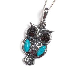 Wise Owl Necklace In Silver, Turquoise And Amber