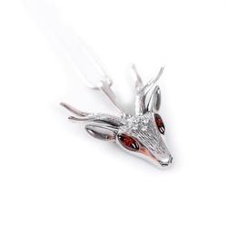 Large Stag Head Necklace In Silver And Amber